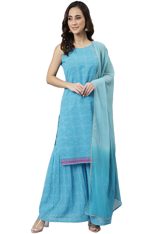Janasya Women's Light Blue Georgette Bandhani Print Kurta with Sharara and Dupatta