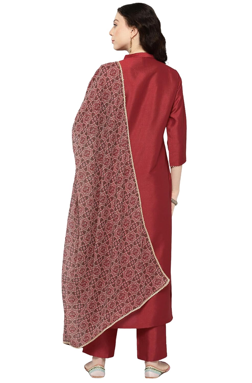 Janasya Women's Maroon Crepe Silk Yoke Embroidered Kurta with Pant and Dupatta