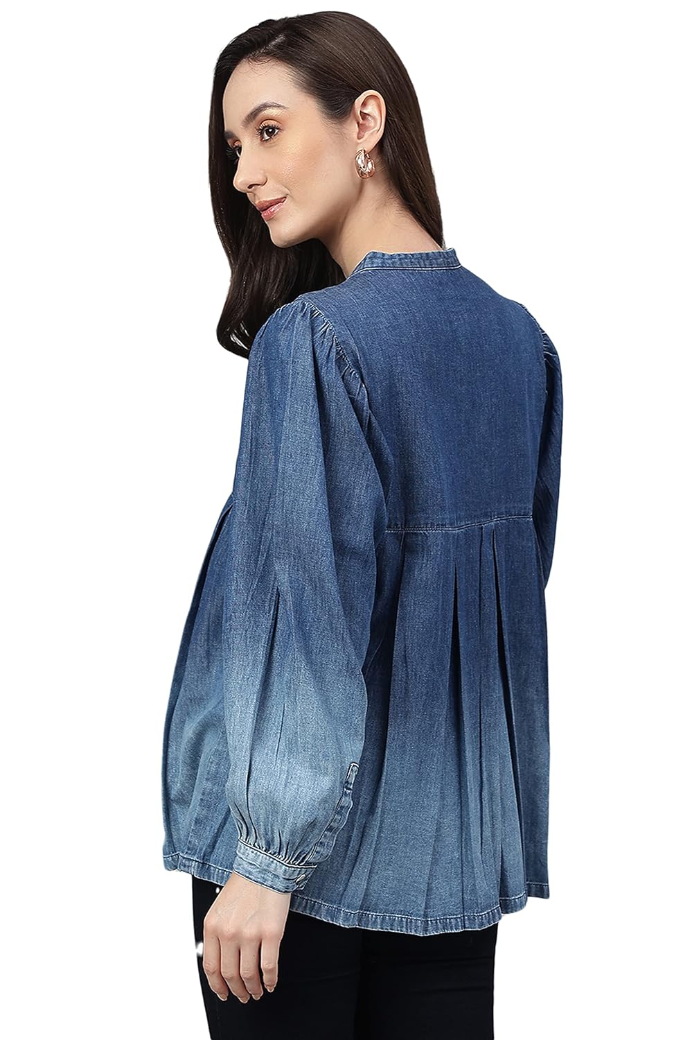 Janasya Women's Blue Denim Faded Flared Top