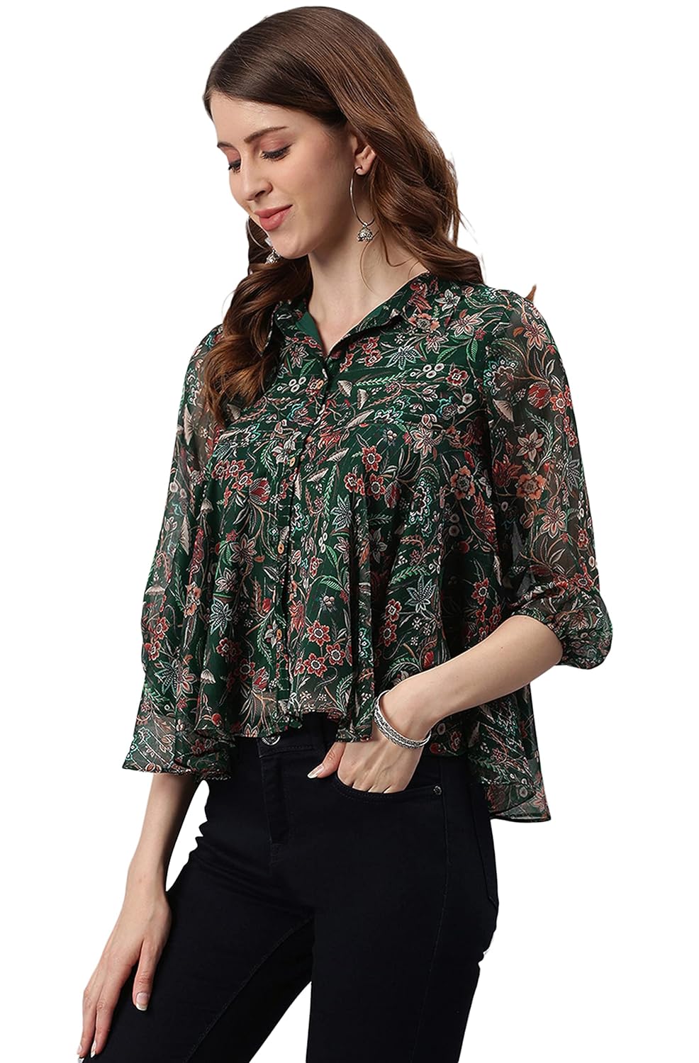 Janasya Women's Green Poly Georgette Floral Print Regular Top