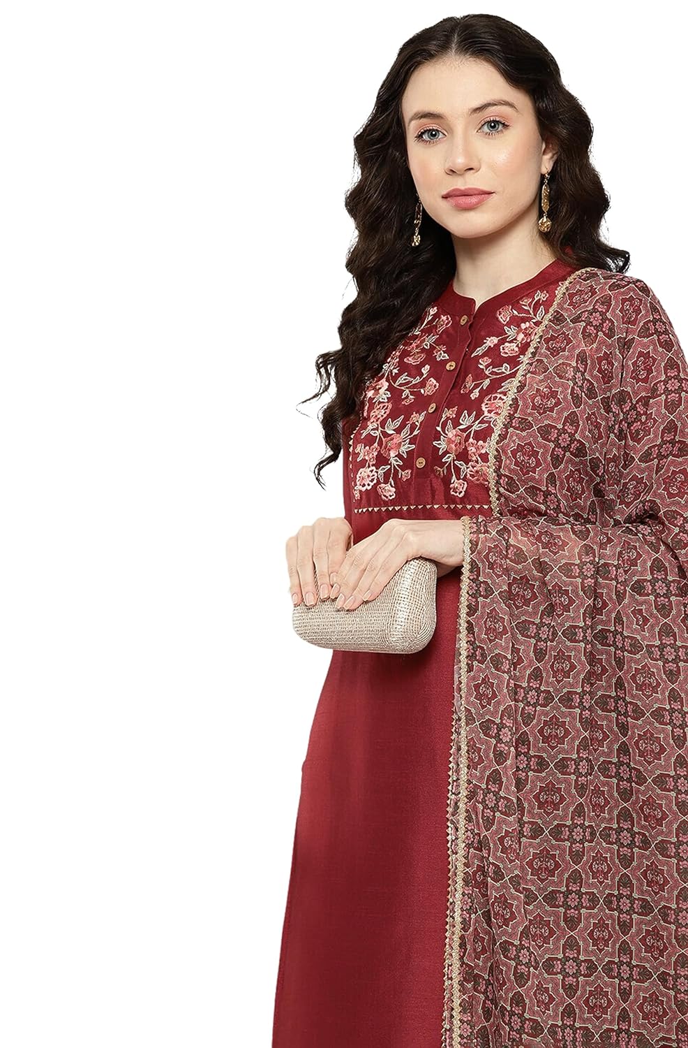 Janasya Women's Maroon Crepe Silk Yoke Embroidered Kurta with Pant and Dupatta