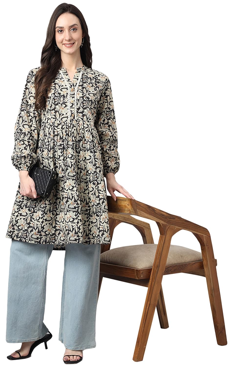 Janasya Women's Black Cotton Floral Print Flared Tunic