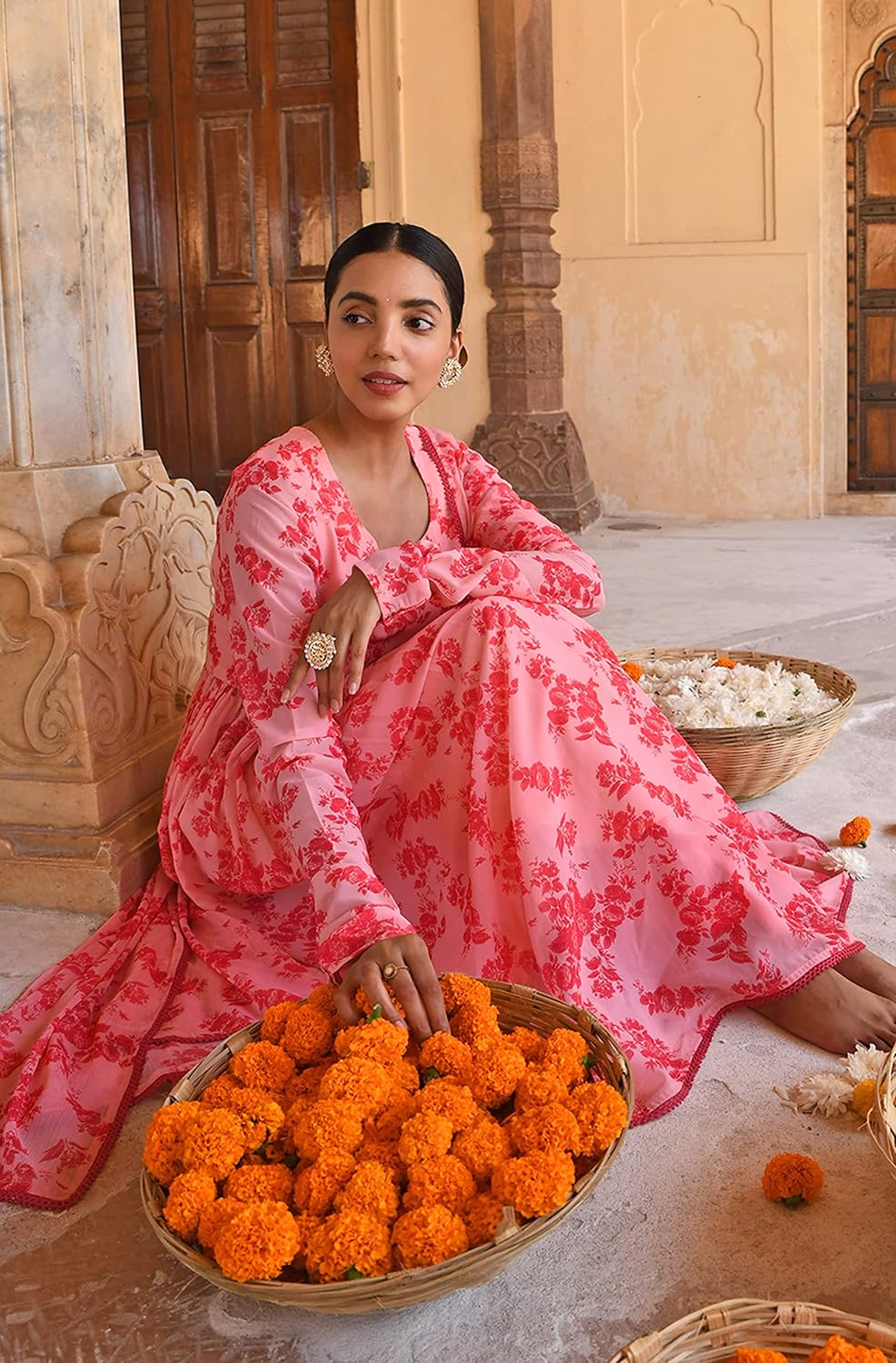 Janasya Women's Peach Georgette Floral Print Kurta with Flared Palazzo and Dupatta