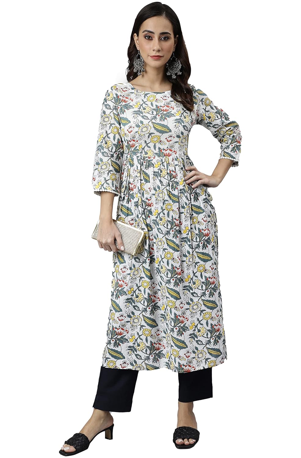 Janasya Women's White Cotton Floral Block Print Flared Kurta