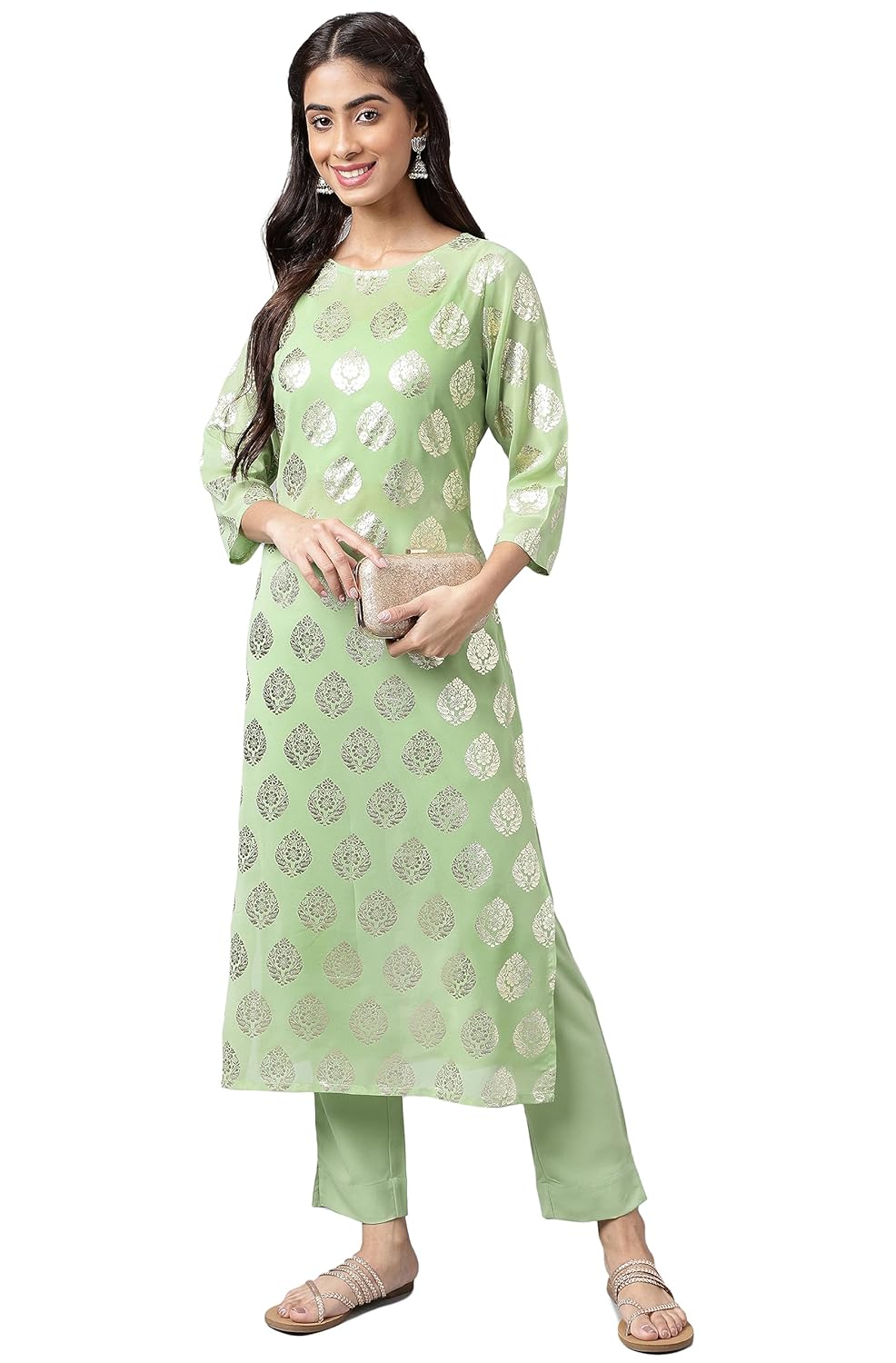 Janasya Women's Light Green Georgette Foil Printed Kurta with Pants and Crop top