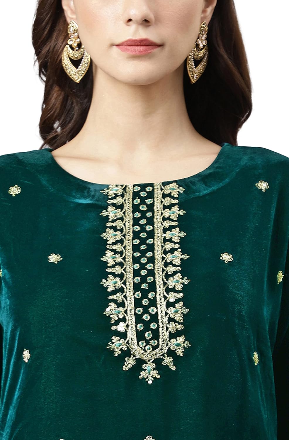 Janasya Women's Dark Green Velvet Floral Embroidery Kurta with Flared Palazzo and Dupatta