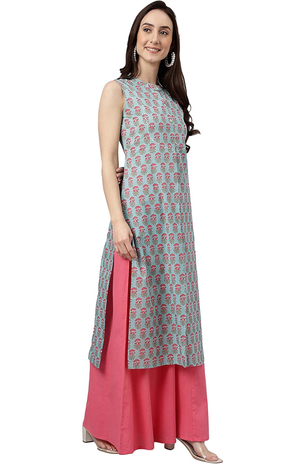 Janasya Women's Aqua Blue Cotton Block Print Straight Kurta