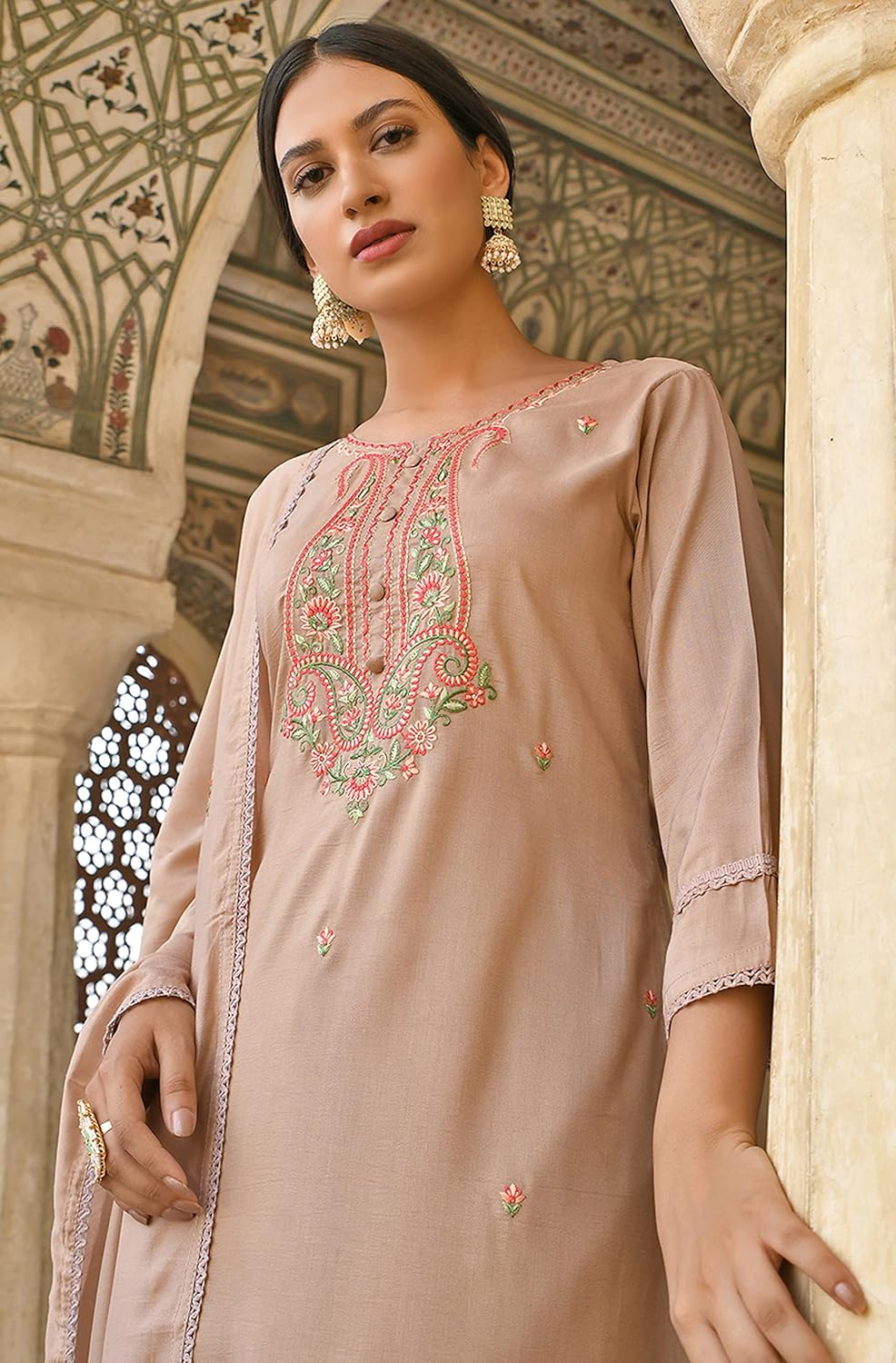 Janasya Women's Rose Gold Poly Silk Floral Embroidery Kurta with Pant and Dupatta