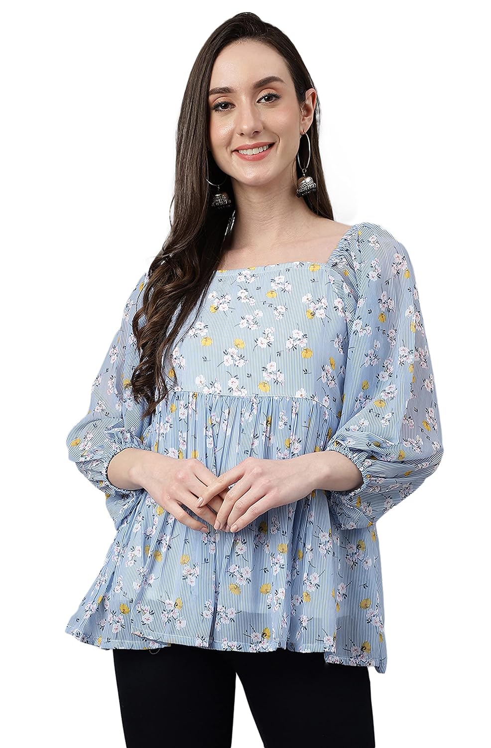 Janasya Women's Blue Georgette Floral Print Peplum Top
