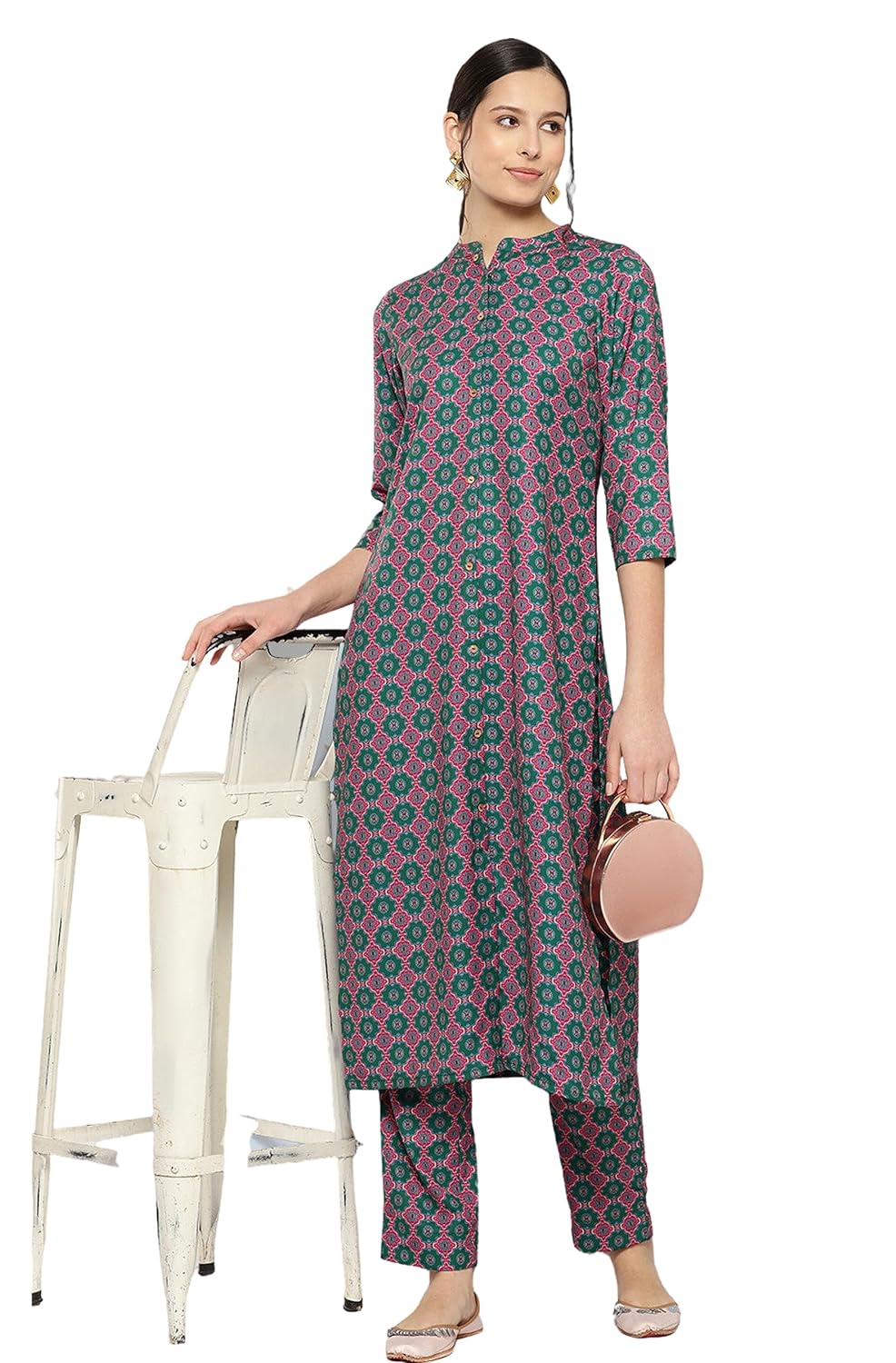 Janasya Women's Multicolor Moss Ethnic Motifs Kurta with Pant