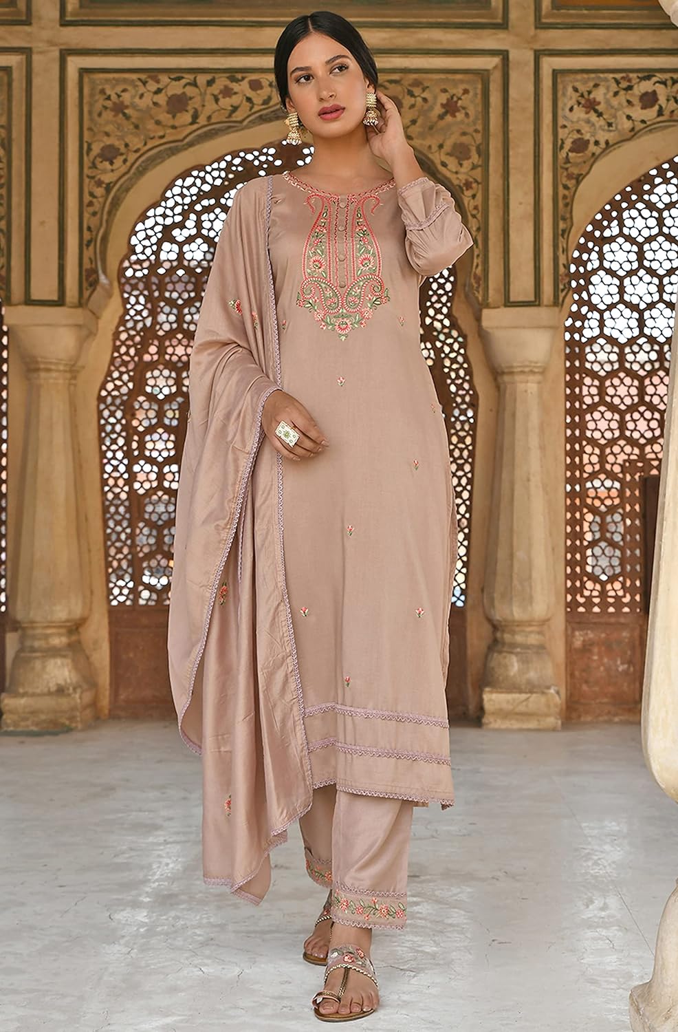 Janasya Women's Rose Gold Poly Silk Floral Embroidery Kurta with Pant and Dupatta