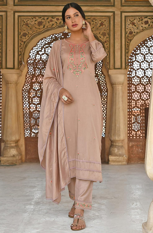 Janasya Women's Rose Gold Poly Silk Floral Embroidery Kurta with Pant and Dupatta