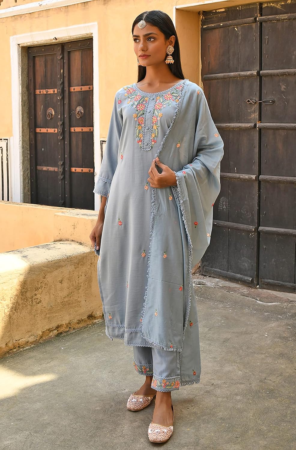 Janasya Women's Mint Blue Poly Silk Floral Embroidery Kurta with Pant and Dupatta