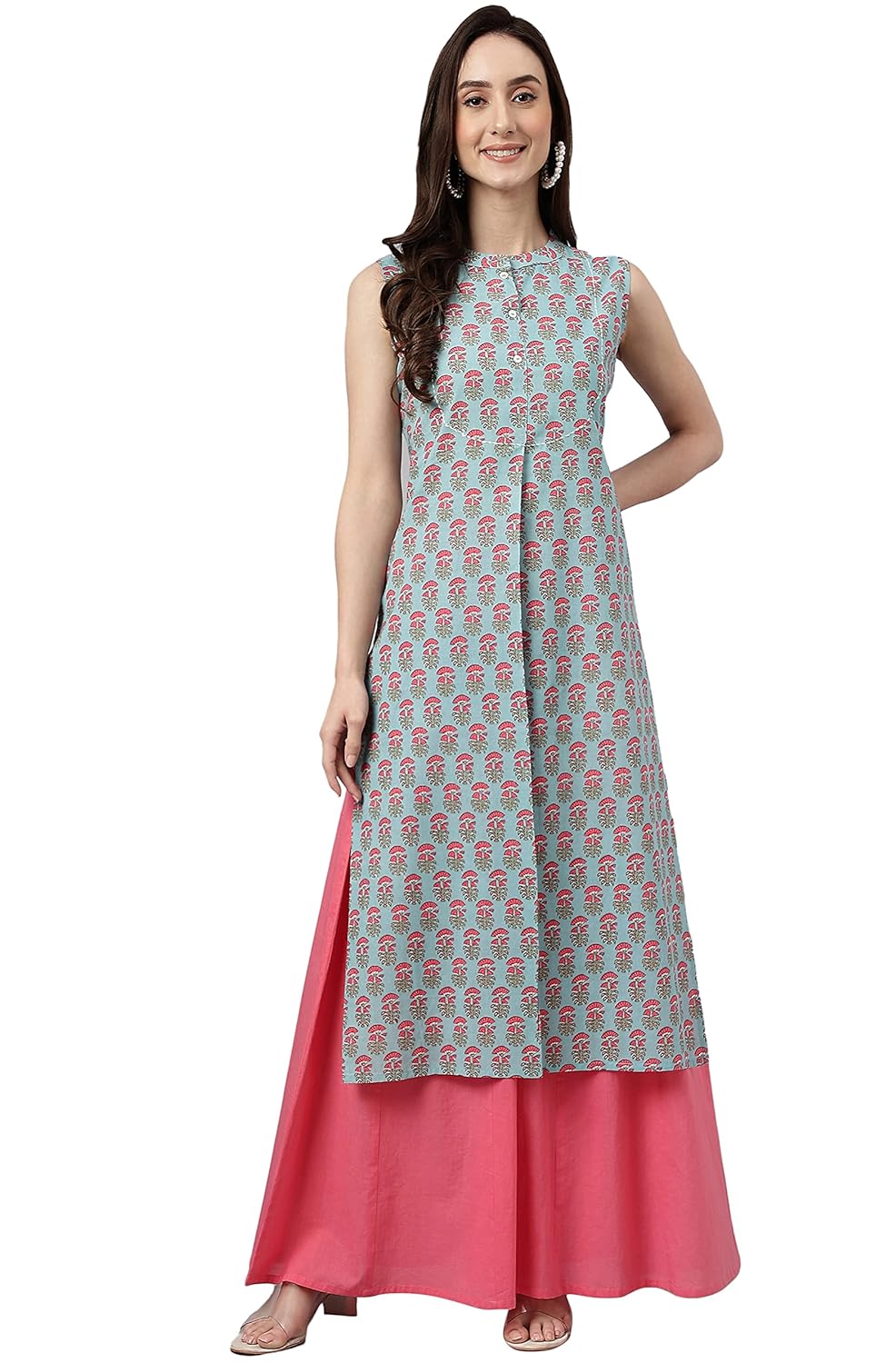 Janasya Women's Aqua Blue Cotton Block Print Straight Kurta