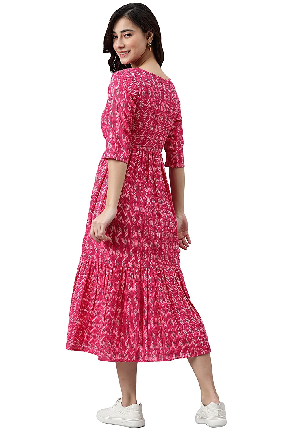 Janasya Women's Blue Cotton Woven Midi Dress Pink