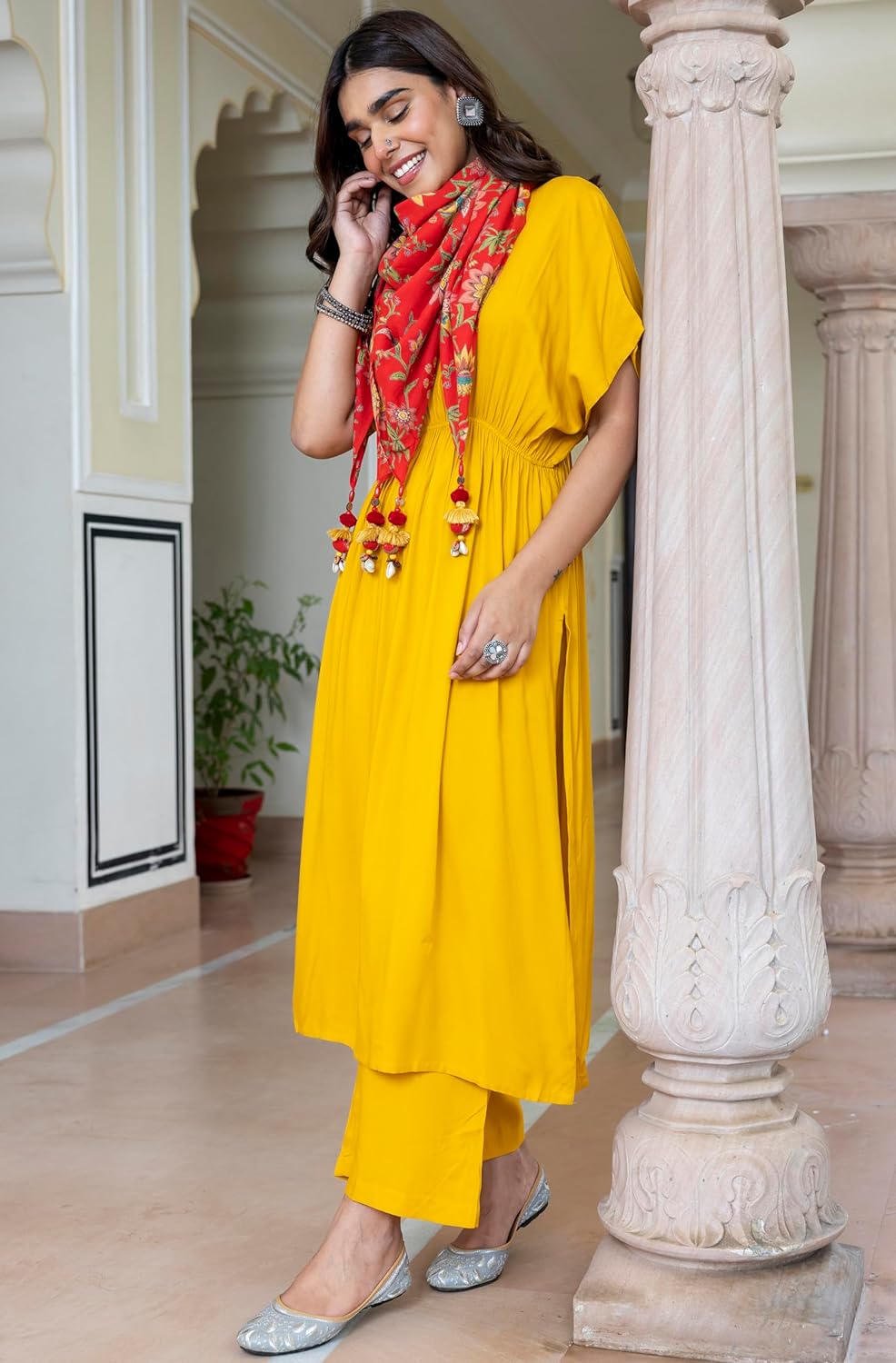 Janasya Women's Mustard Rayon Solid Kurta with Palazzo and Scarf