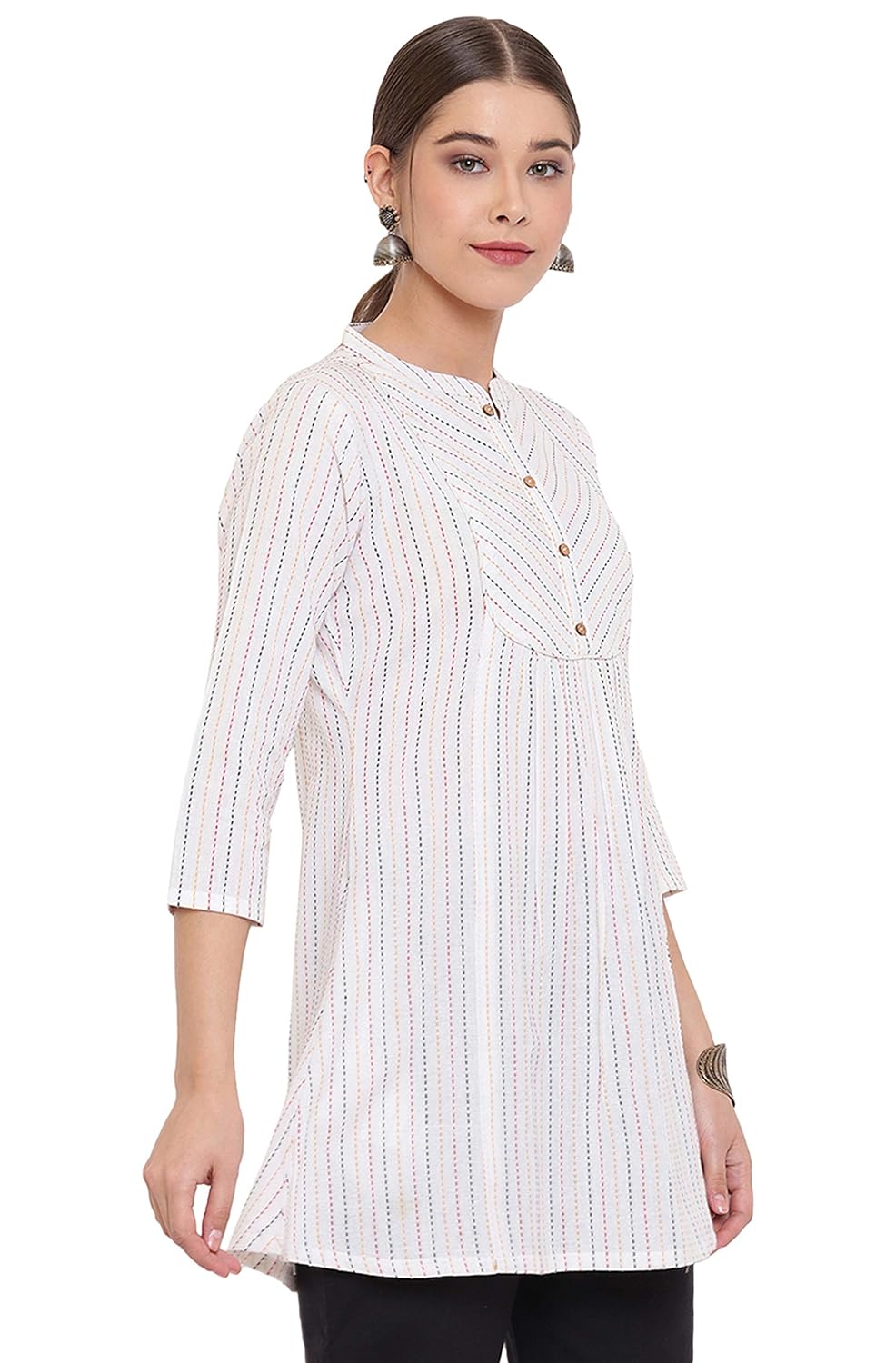 Janasya Women's White Weaved Cotton A-Line Top