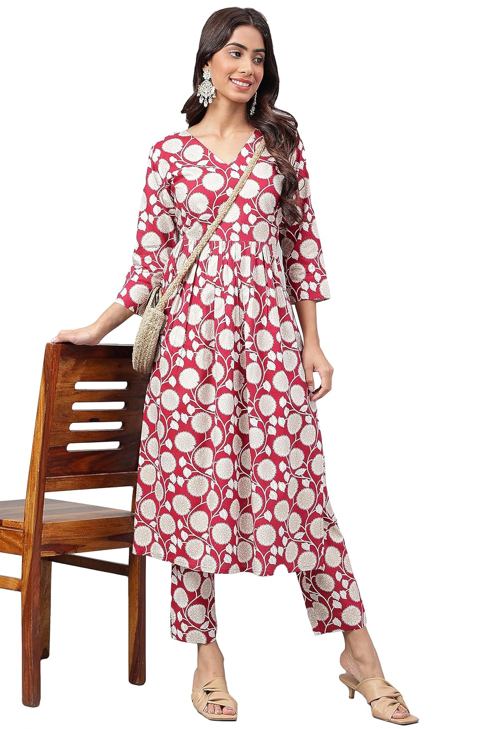 Janasya Women's Maroon Cotton Floral Printed Co-ords Set