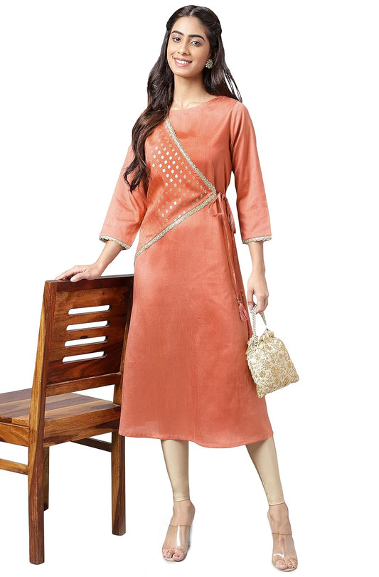 Janasya Women's Peach Crepe Silk Embellished A-Line Kurta