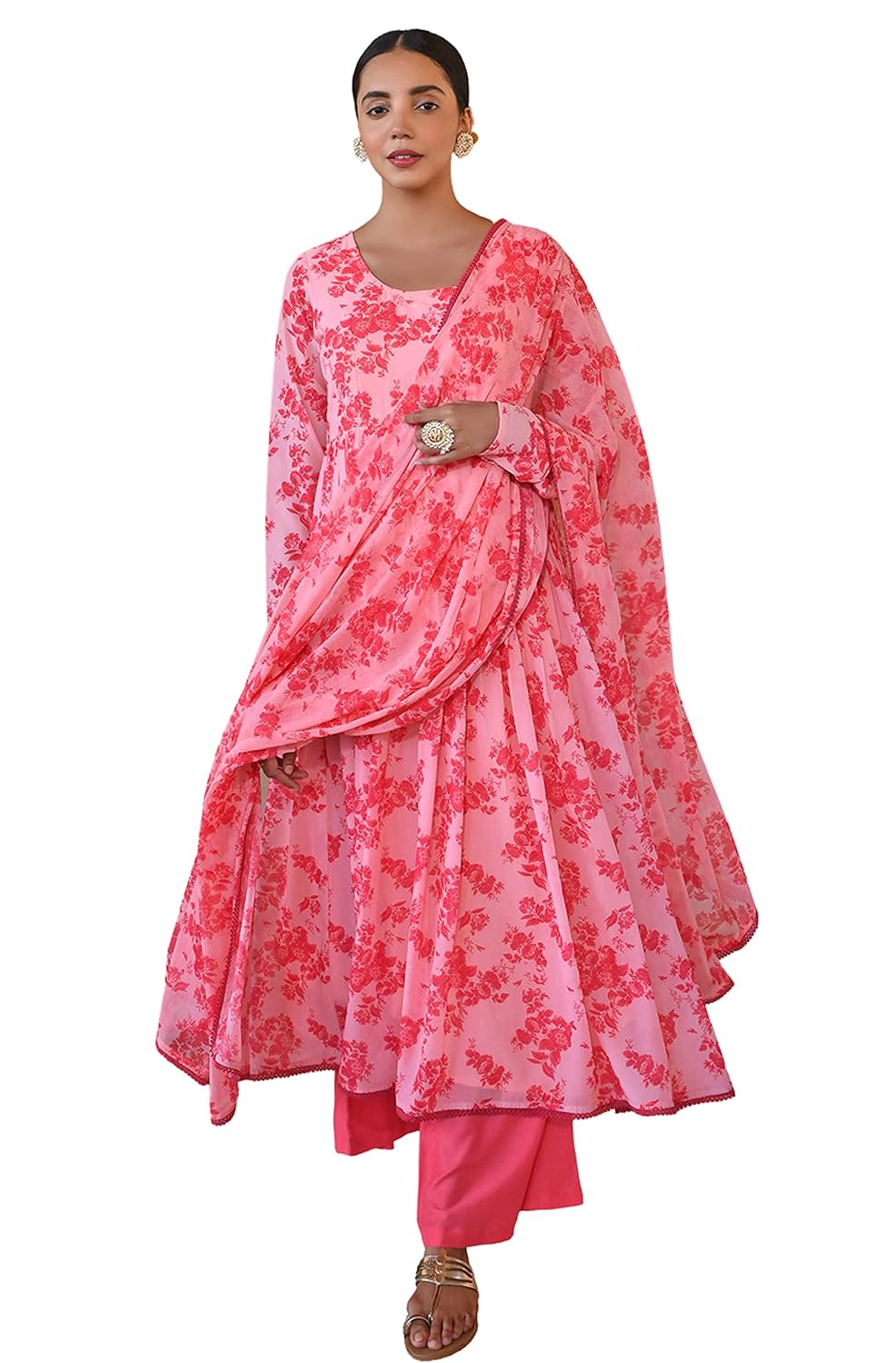 Janasya Women's Peach Georgette Floral Print Kurta with Flared Palazzo and Dupatta