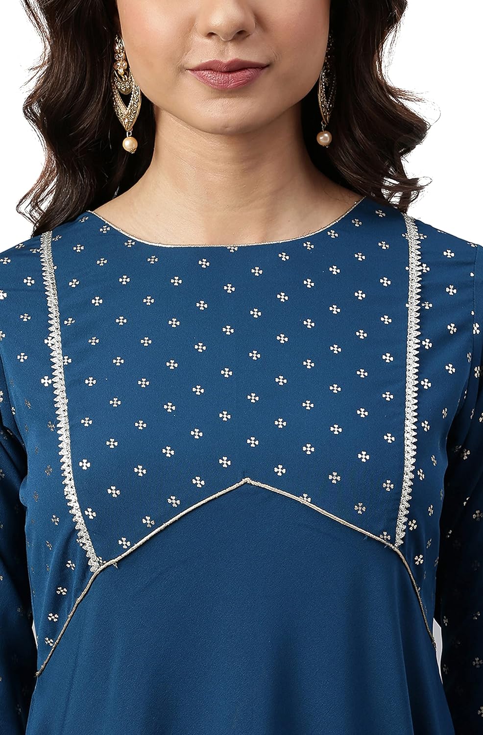 Janasya Women's Teal Poly Crepe Printed A-line Kurta