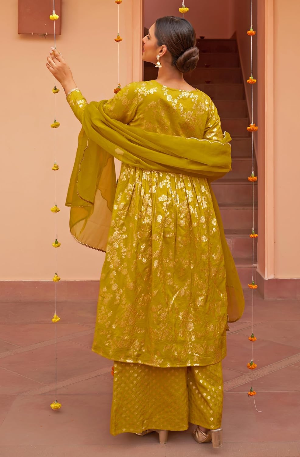 Janasya Women's Yellow Brocade Woven Design Kurta with Palazzo and Dupatta