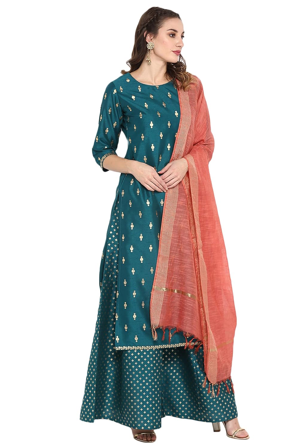 Janasya Women's Peacock Green Poly Silk Gold Print Kurta with Palazzo and Dupatta