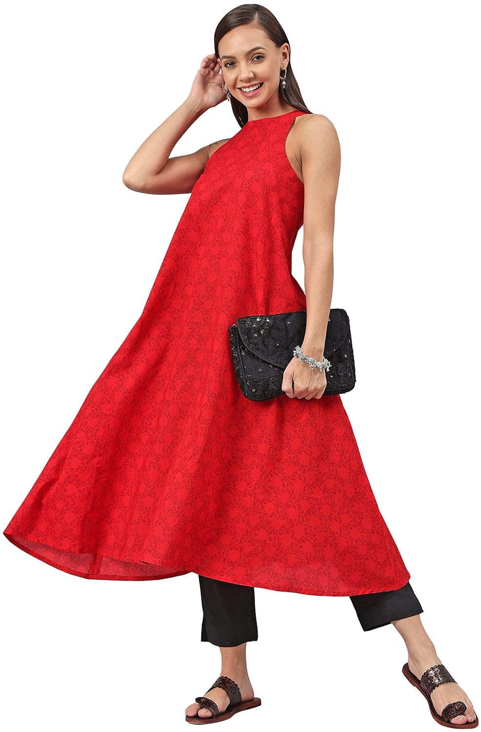 Janasya Women's Red Cotton Botanical Print Flared Kurta