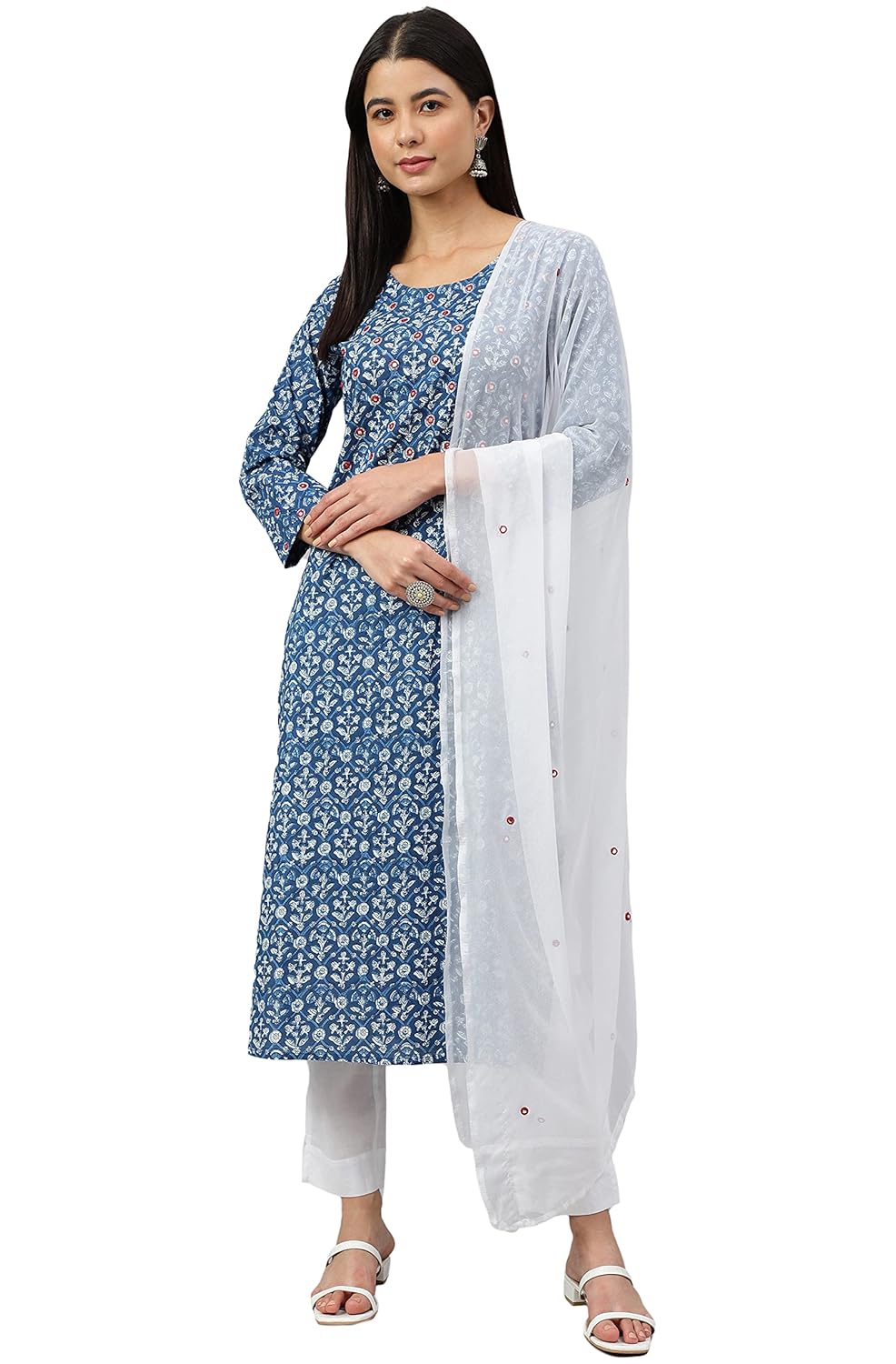 Janasya Women's Navy Blue Cotton Floral Print Kurta with Pant and Dupatta