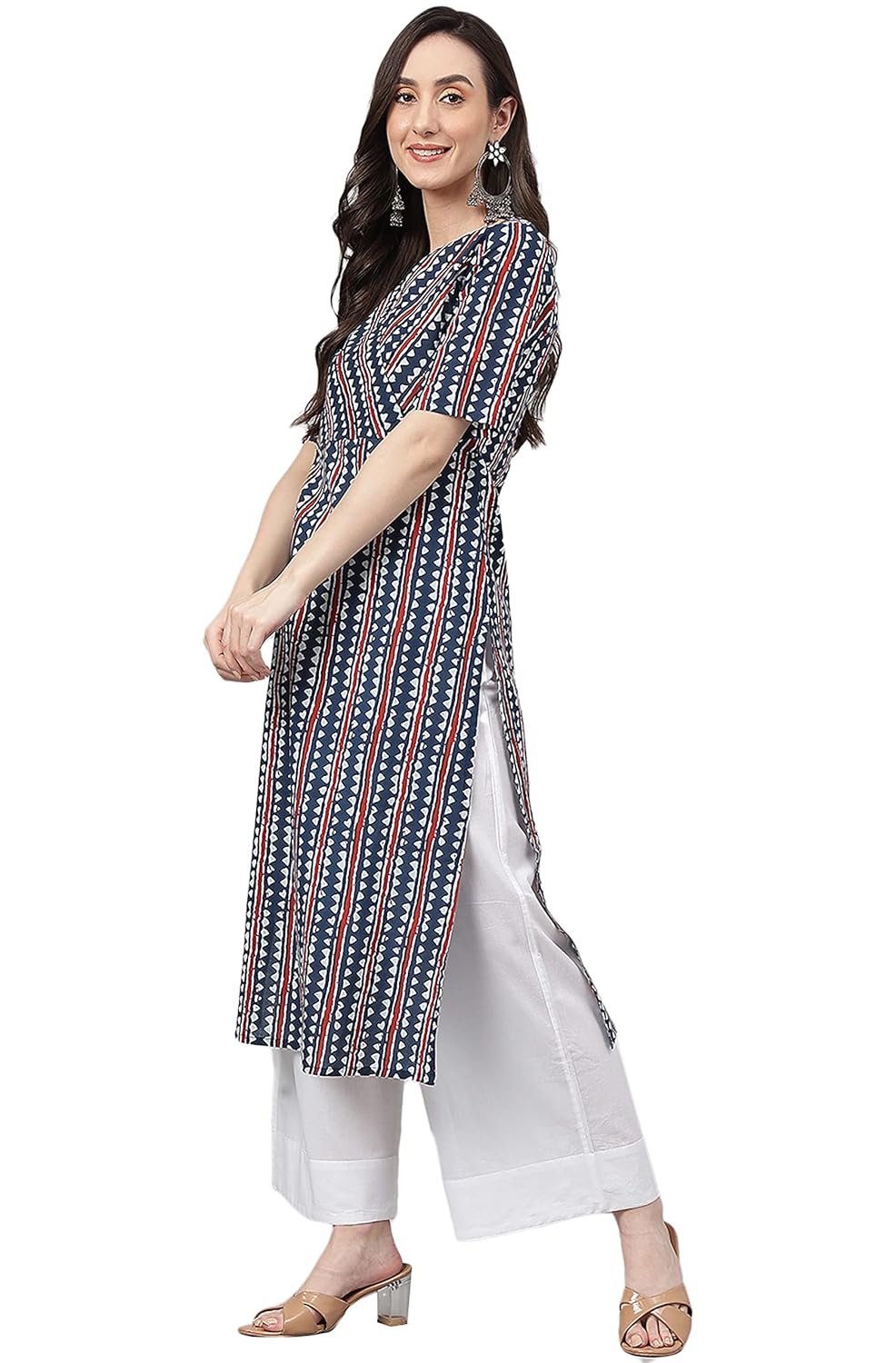 Janasya Women's Navy Blue Cotton Geometric Straight Kurta