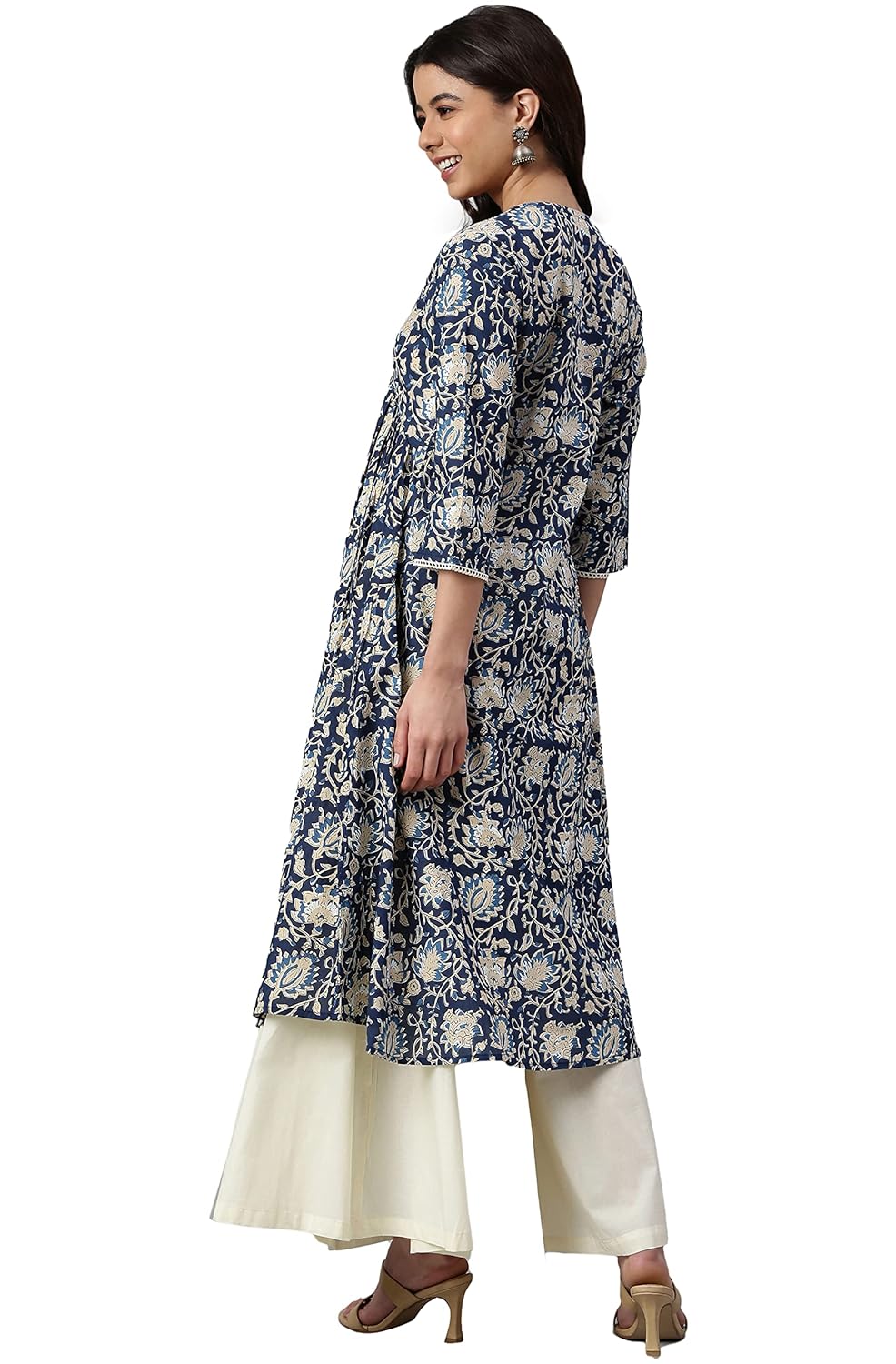 Janasya Women's Navy Blue Cotton Floral Print Flared Kurta
