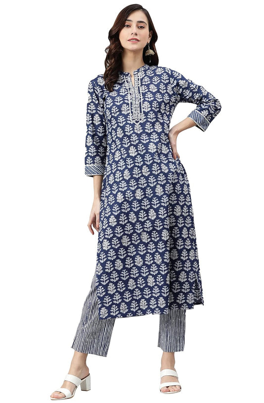 Janasya Women's Navy Blue Cotton Kurta with Pant
