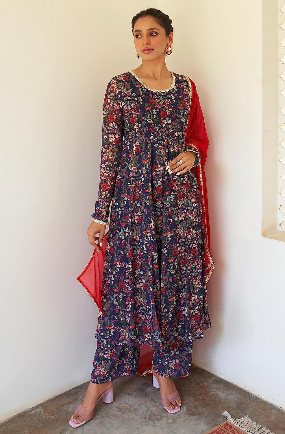 Janasya Women's Georgette Digital Floral Printed Embellished Kurta Set Navy Blue