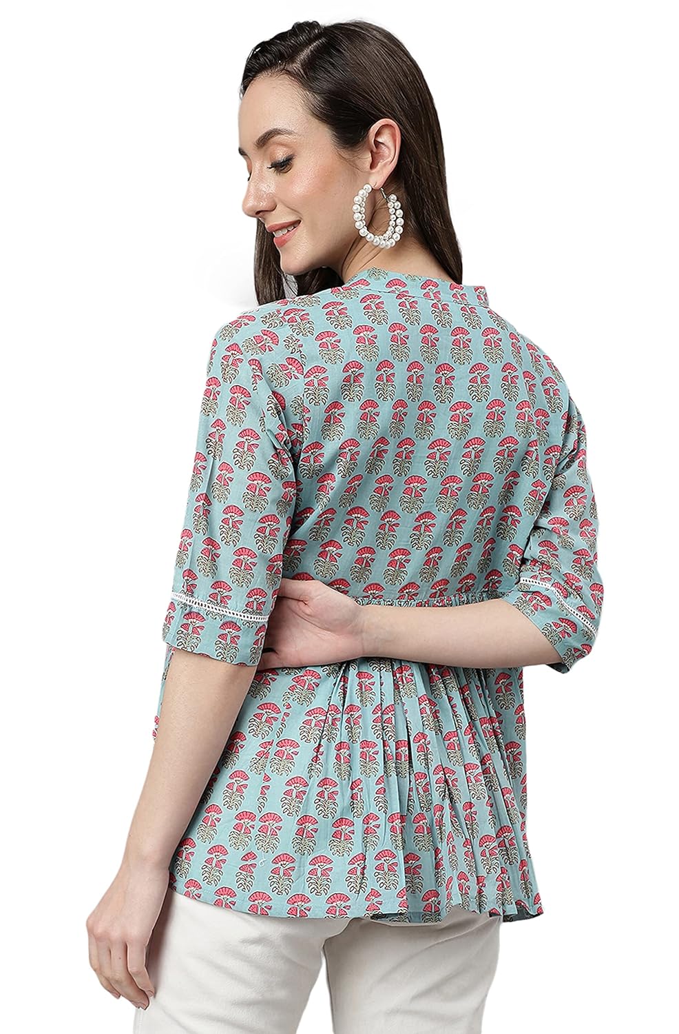 Janasya Women's Aqua Blue Cotton Block Print A-Line Top