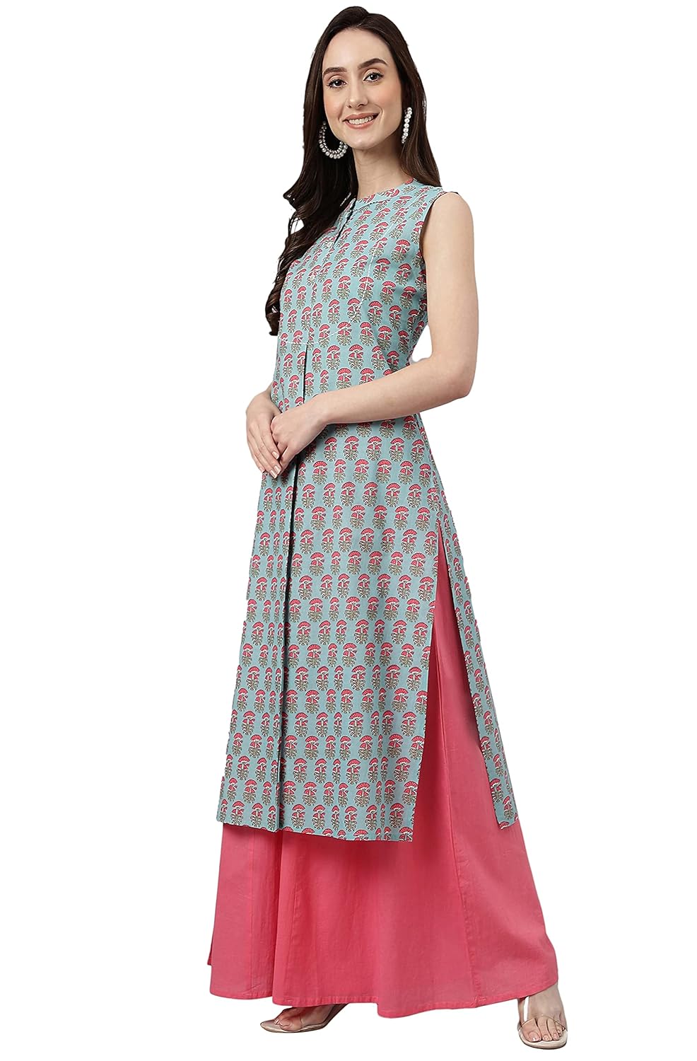 Janasya Women's Aqua Blue Cotton Block Print Straight Kurta