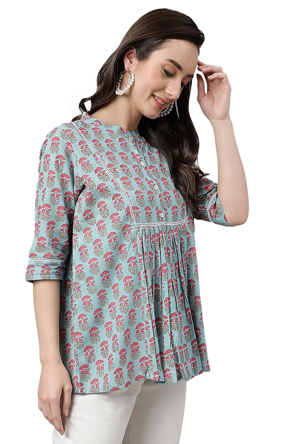 Janasya Women's Aqua Blue Cotton Block Print A-Line Top