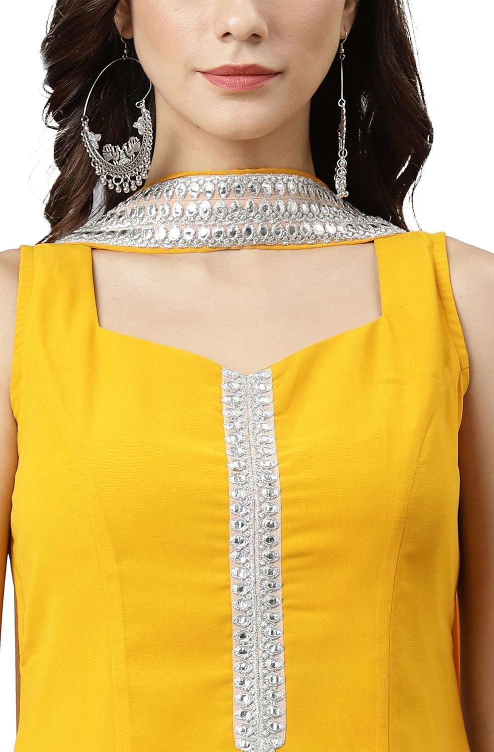 Janasya Women's Mustard Georgette Solid Kurta with Kali Palazzo and Dupatta