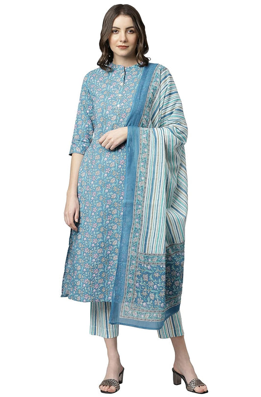 Janasya Women's Blue Cotton Kurta With Pant And Dupatta