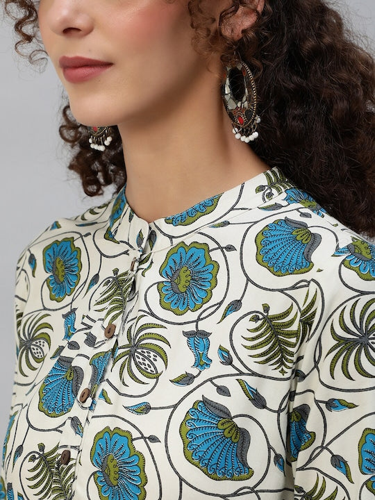 AKS Floral Printed Band Collar Regular Kurta with Trousers