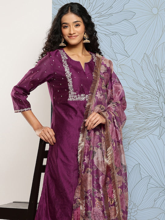 Varanga Yoke Design Regular Chanderi Silk Kurta with Trousers & With Dupatta