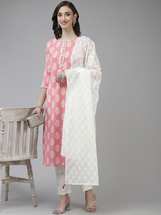 Yufta Women Pink Ethnic Motifs Printed Pure Cotton Kurta with Trousers & Dupatta