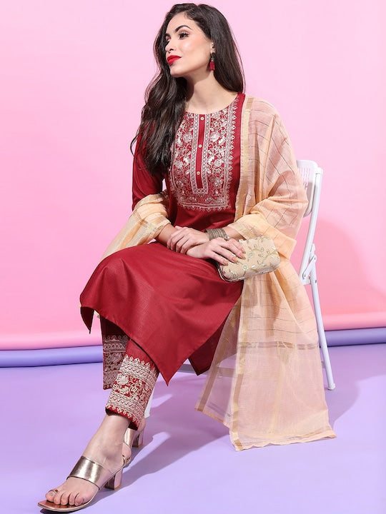 Vishudh Women Red Ethnic Motifs Yoke Design Kurta with Trousers & With Dupatta