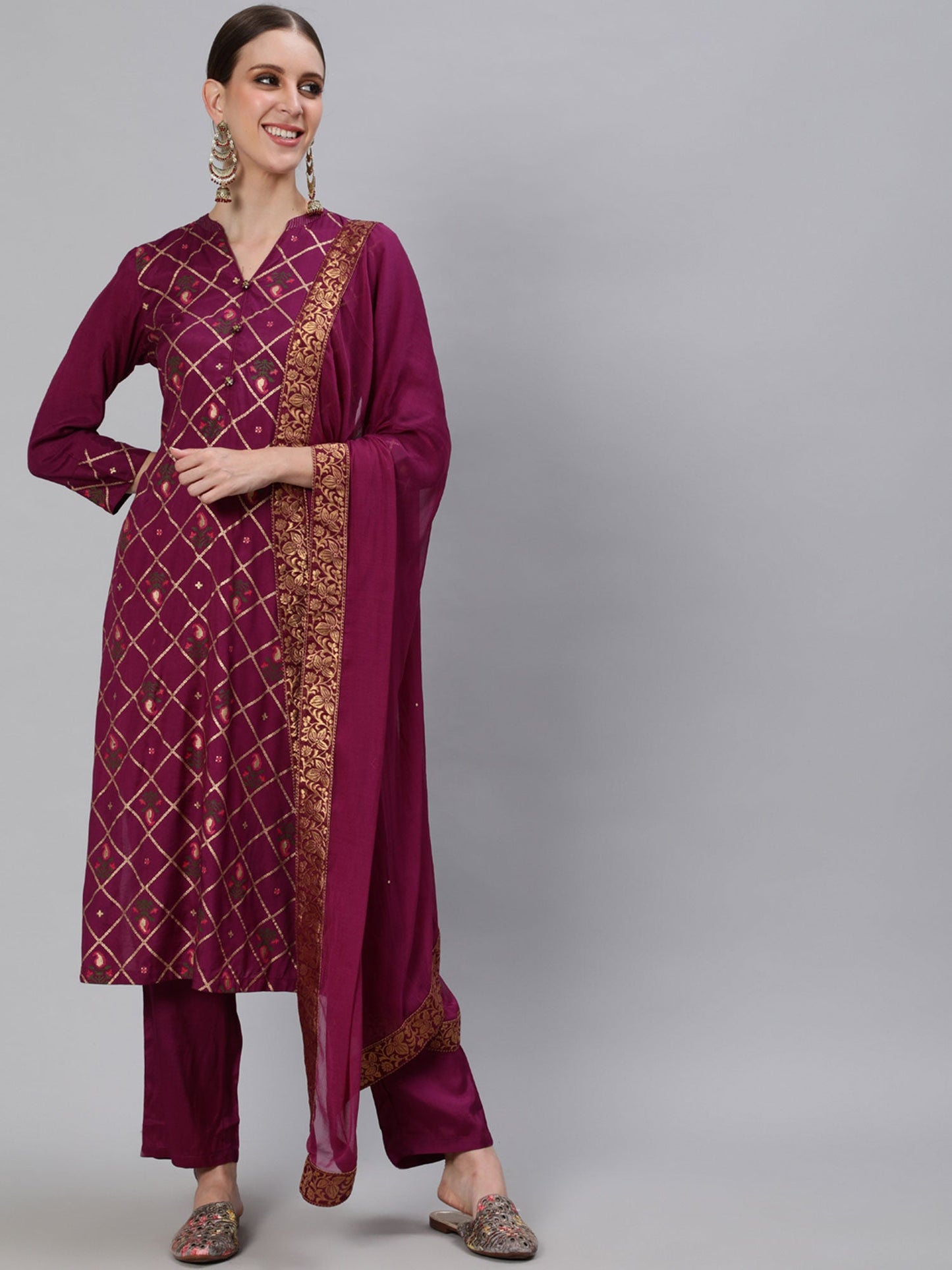 ISHIN womens Silk Blend Burgundy Foil Printed A-line Kurta Trouser Dupatta (Set of 3)