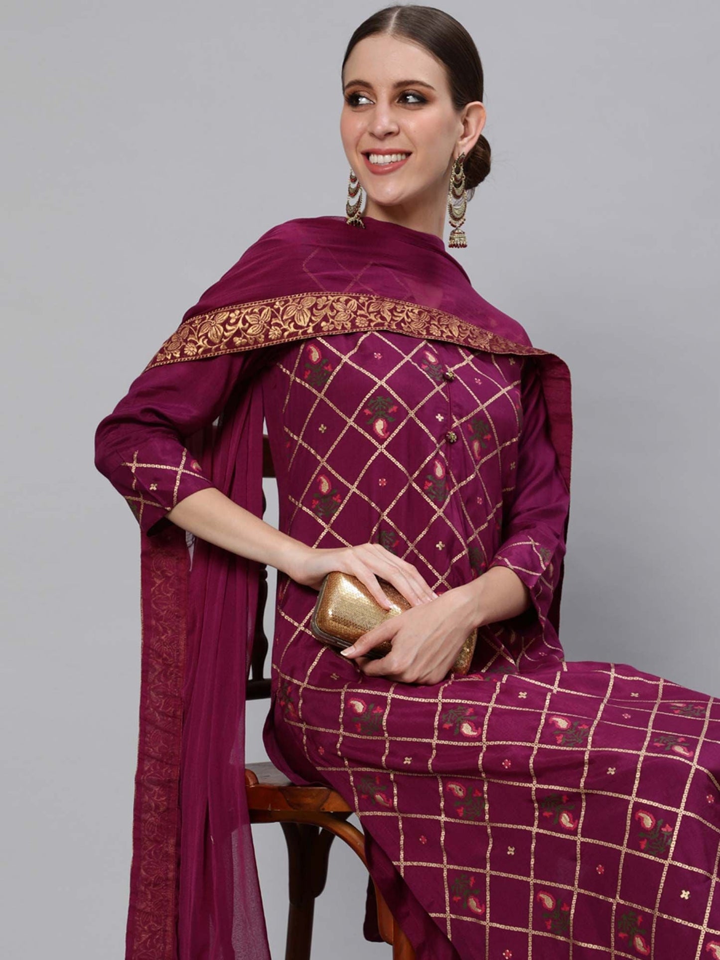 ISHIN womens Silk Blend Burgundy Foil Printed A-line Kurta Trouser Dupatta (Set of 3)