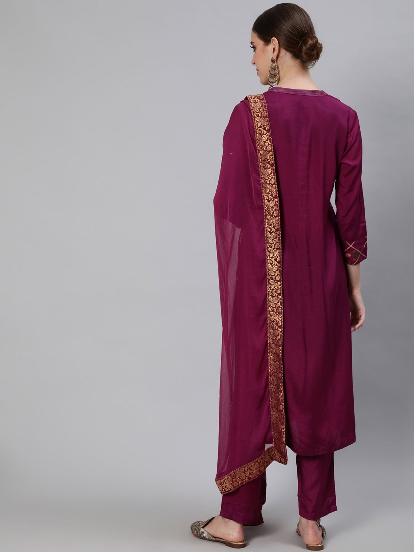 ISHIN womens Silk Blend Burgundy Foil Printed A-line Kurta Trouser Dupatta (Set of 3)