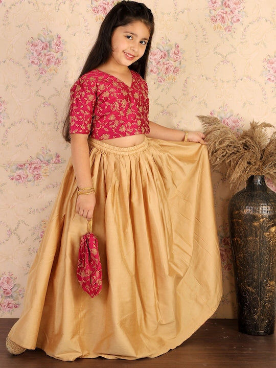 Vastramay Girls Embroidered Top & Rose Gold Skirt With Matching Neckless & Potli Bag