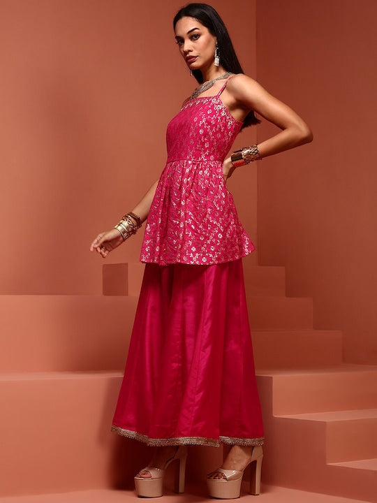 IMARA Floral Printed Shoulder Strapped A-Line Jacquard Kurti with Sharara & With Dupatta