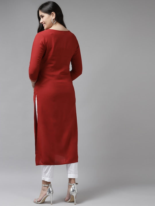 Yufta Women Red Ethnic Motifs Yoke Design Kurta