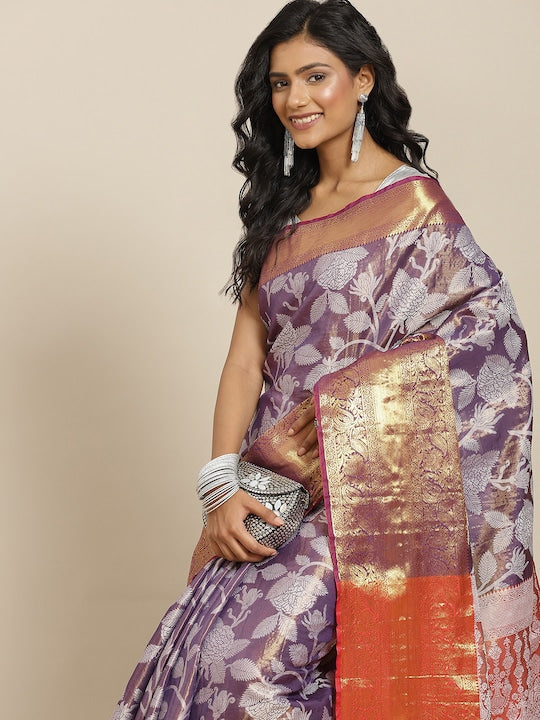 Silk Land Purple Ethnic Motifs Zari Saree