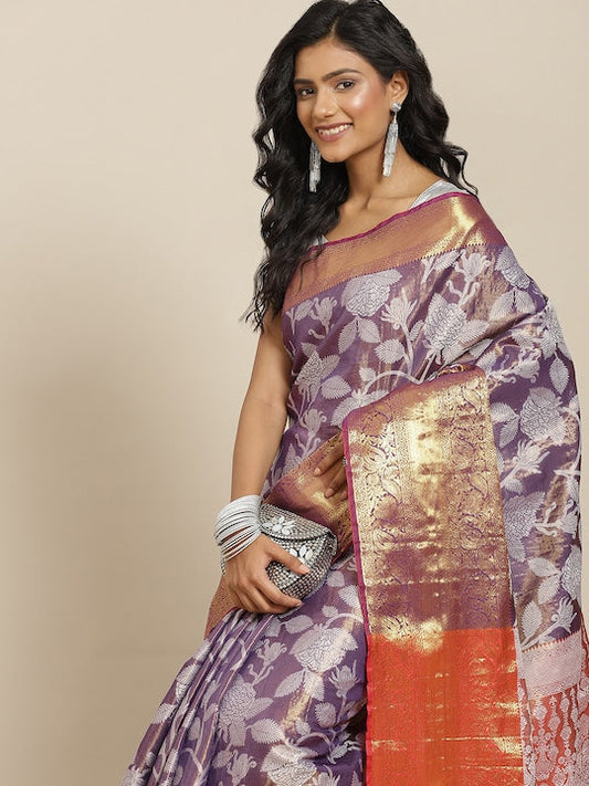 Silk Land Purple Ethnic Motifs Zari Saree